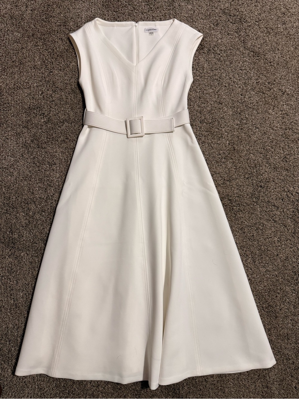 Calvin Klein Cream V-Neck Midi A-Line Dress with Belt
